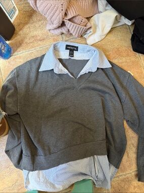 Arden B Y2K Cropped Layered Sweater Preppy Dark Academia Striped Shirt 2-in-1